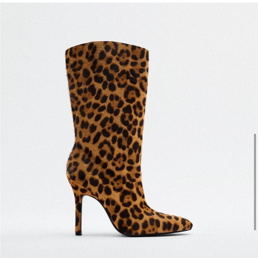 New Zara Leopard Print Heeled Boots, 38
